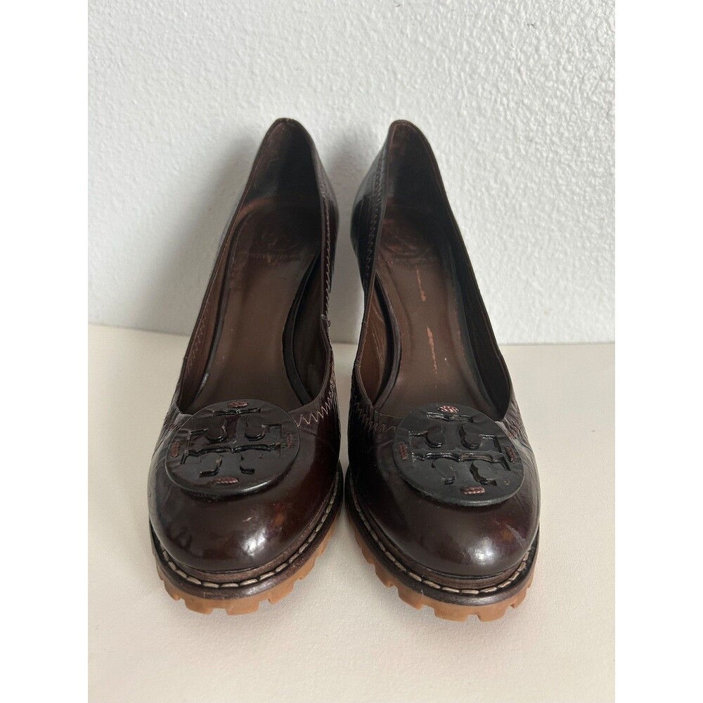 Tory Burch Logo Medallion Platform Pumps Heels Womens Size 8 M Dark Brown Leathe